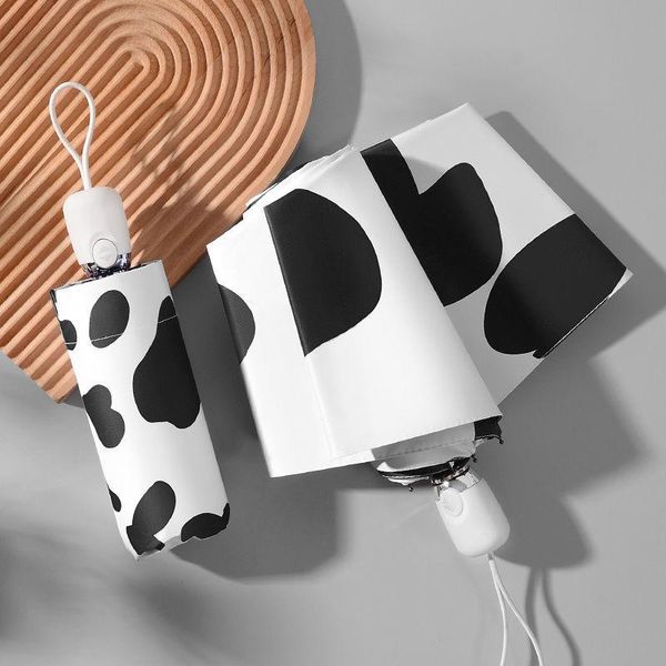 

umbrellas mini portable five fold automatic sun umbrella cow black and white pattern creative female for rainny day or sunny