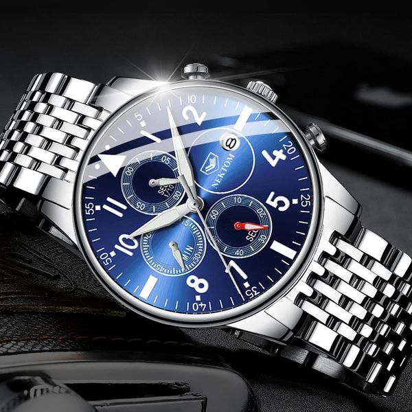

wristwatches nektom men fashion watch male blue dial clock luxury steel watches waterproof quartz wristwatch date for, Slivery;brown