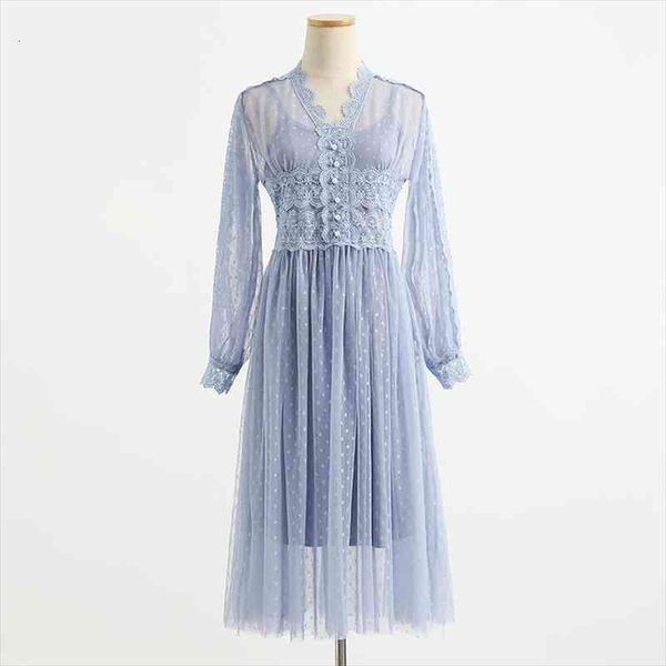 

spring autumn lantern sleeve v-neck crochet mesh dress women sweet hook flower hollow pearls dresses gauze dots two peices sets, Black;gray