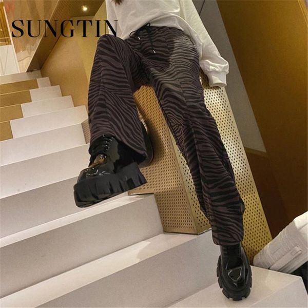 

sungtin wide leg high waist pants for women leopard loose elastic pant female winter 2021 drawstring trousers oversized bf women's & ca, Black;white