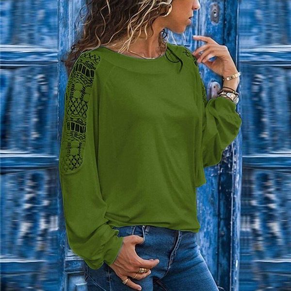 

women's blouses & shirts autumn and winter long-sleeved shirt o-neck lace casual solid color hollow pullover loose t-shirt, White