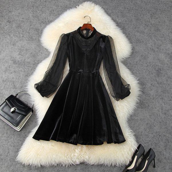 

casual dresses fall autumn long sleeve round neck black pure color lace panelled buttons knee-length dress elegant lo08t11371 6ppr, Black;gray