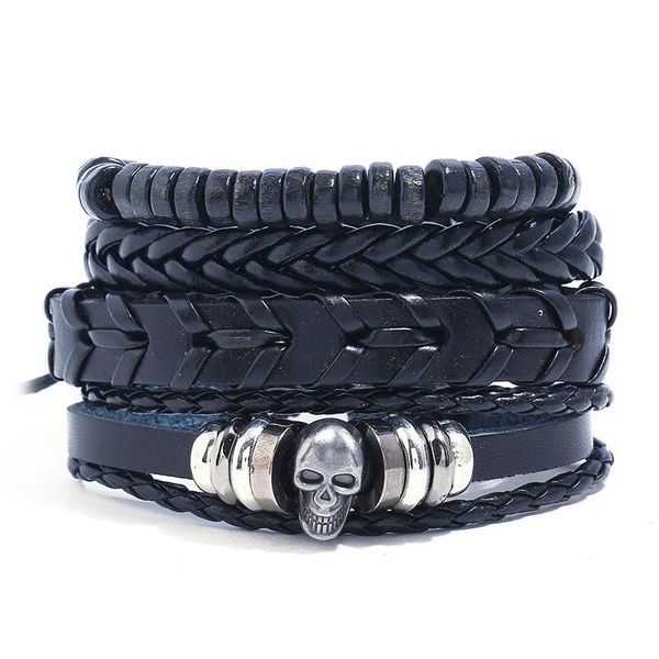 

bangle jessingshow 4 pcs/set weave vintage punk wood beads male women skull men leather charm bracelets female homme jewelry gift, Black