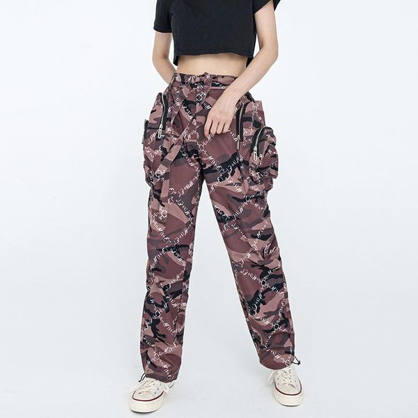 

men's pants retro camouflage sashed big pockets casual cargo mens and womens elastic waist high street oversize baggy trousers, Black