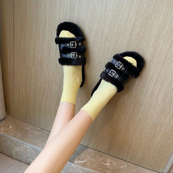 

fur slippers women furry slides zapatillas de mujer mixed colors, Black