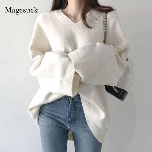 

women's sweaters solid loose plus size v-neck sweater women knitted pullover 2021 autumn winter long sleeve female jumper knitwear 1103, White;black