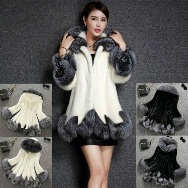 

women's fur & faux winter fashion coat mid-length mink hooded warm and light mature clothing, Black