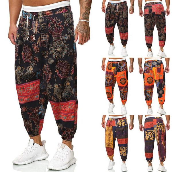 

men's pants ethnic style casual harem 2021 spring autumn occident fashion cotton linen loose cropped trousers mens clothing, Black