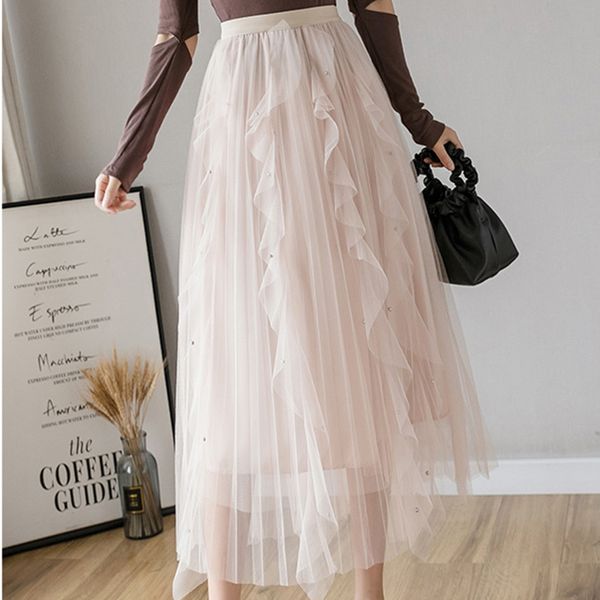 

casual dresses shintimes autumn ruffles skirts womens beading mesh tulle women elastic high waist a line midi pleated female 199l, Black;gray