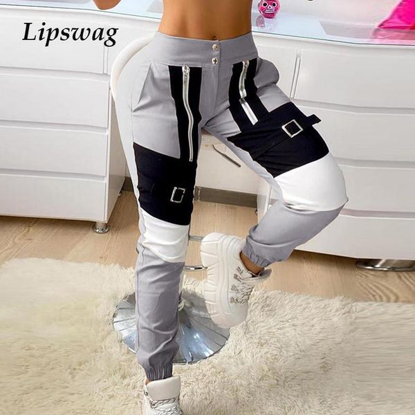 

autumn fashion patchwork cargo pants women casual elastic button sweatpant jogger 2021 spring female chic zipper pocket trousers women', Black;white