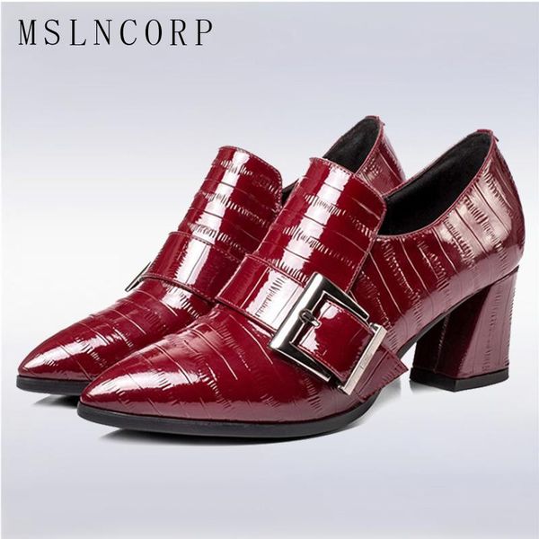 

plus size 34-43 cow patent leather pointed toe pumps women fashion elegant buckle shallow dress square high heel party shoes, Black