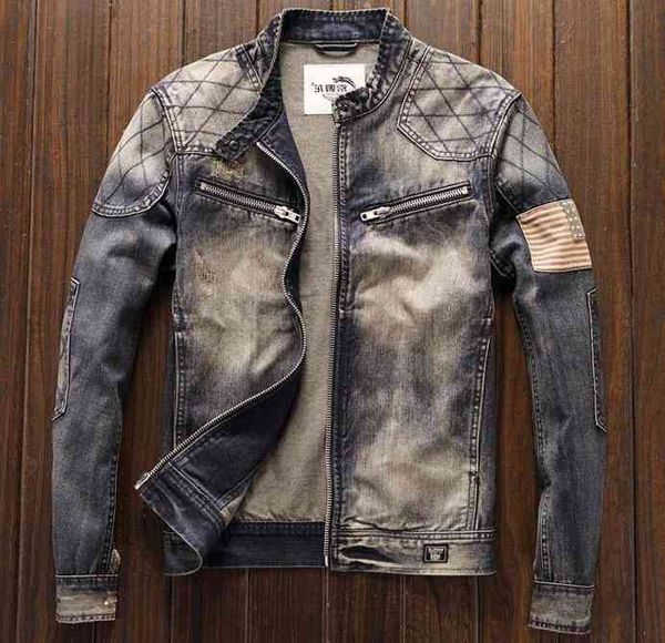 

blue denim men's vintage classic biker motorcycle jacket stand collar retro slim fit usa flag jeans coat drop shipping, Black;brown
