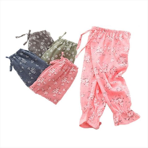 

summer harem pants for baby girl clothes cotton and linen trousers ankle length flower print children leggings, Blue
