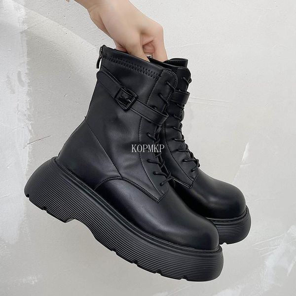 

boots fashion leather for women lace up platform winter keep warm non slip kopmkp buckle round toe cross tied botines de mujer, Black
