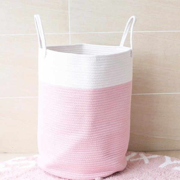 

cotton rope woven laundry basket pompom ornaments washing dirty clothes storage bin kids toys foldable hamper pink & organization