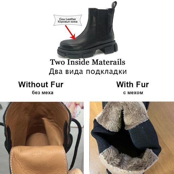 

ins real leather women ankle boots fashion platform warm fur high heel winter shoes woman casual footwear size 35-42, Black