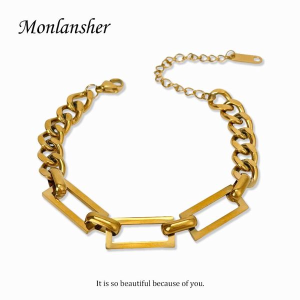 

link, chain monlansher rectangle link bracelet gold color titanium steel chunky bracelets for women minimalist jewelry, Black