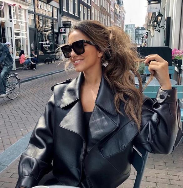 

women's jackets xikom 2021 women pu solid fashion vintage black cool leather jacket female loose casual streetwear long sleeve top, Black;brown