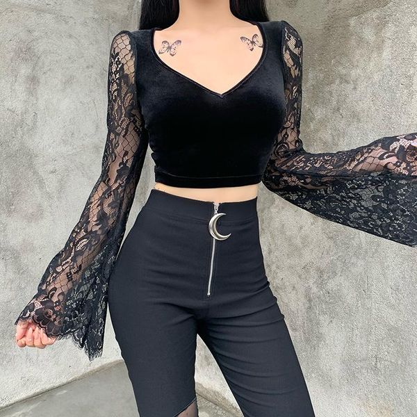 

women's t-shirt vintage gothic velvet lace harajuku perspective long-sleeved crop female autumn elegant and beautiful basic, White