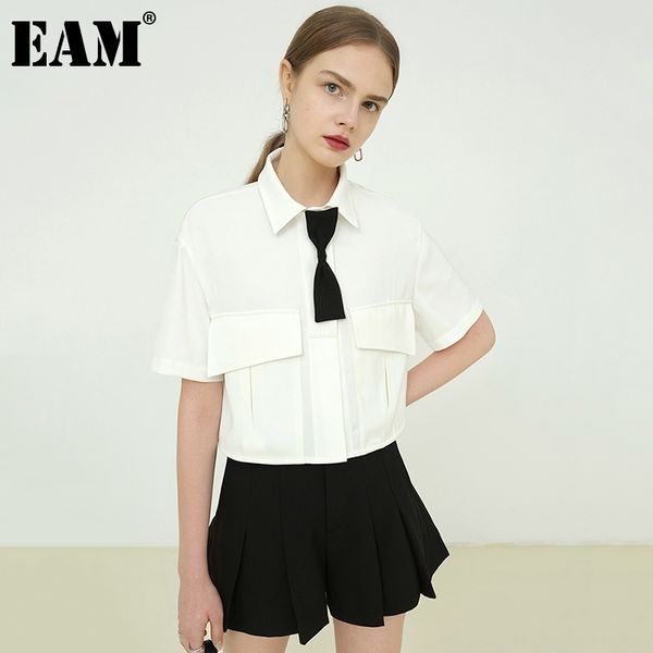 

[eam] women white temperament big size blouse lapel half sleeve loose fit shirt fashion spring summer 1dd8972 210512