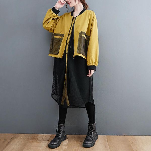 

women's trench coats 2021 autumn yellow contrast color spliced mesh long coat for women fashion zipper pocket casual loose outerwear ca, Tan;black