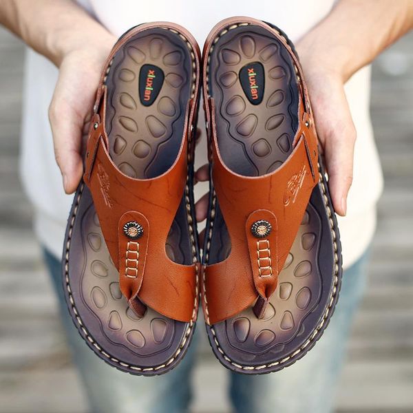 

sandals men's summer genuine leather flip-flops slippers beach casual shoes moccasins men, Black