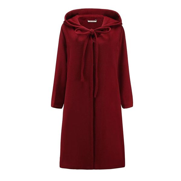 

women's wool & blends perhaps u women vintage red woolen coat long sleeve hooded collar lace-up bow winter cloak c0353, Black
