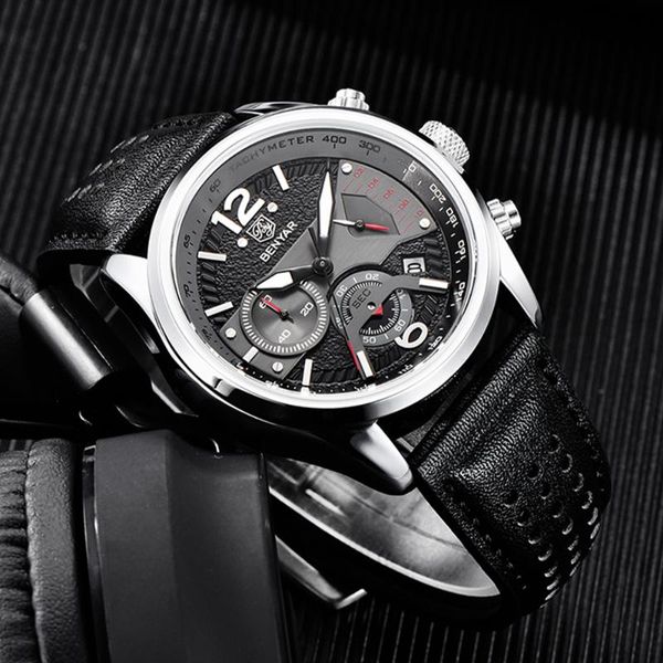 

wristwatches benyar leisure sports watch for men luxury quartz 30m waterproof leather military watches relogio masculino, Slivery;brown