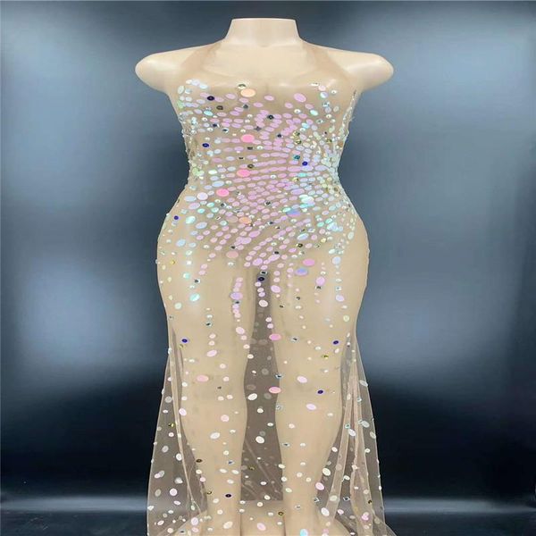 

party decoration h78 tight dancer see -through pearl mirror perspective elastic stretched jumpsuit sequins drills slim long sleeves clothes