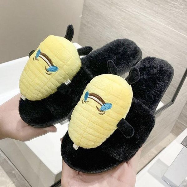 

korean version of plush slippers women 2021 autumn shoes cute cartoon fashion home flat1, Black