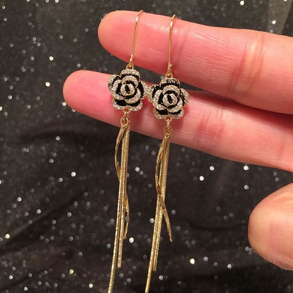 

diamond zirconia camellia flower dangle chandelier earrings fashion luxury clip on earrings for women girls students s925 silver post