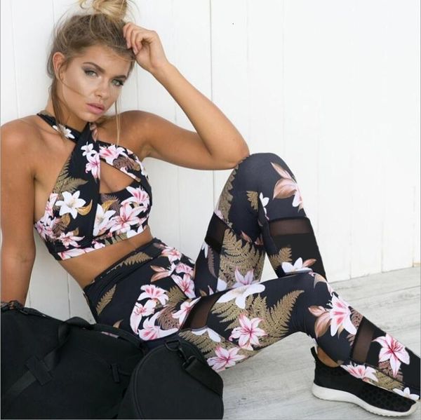 

asstseries fashion flower print women sets mesh fitness suit backless cross strap crop + slim pants ladies 2 piece set, White