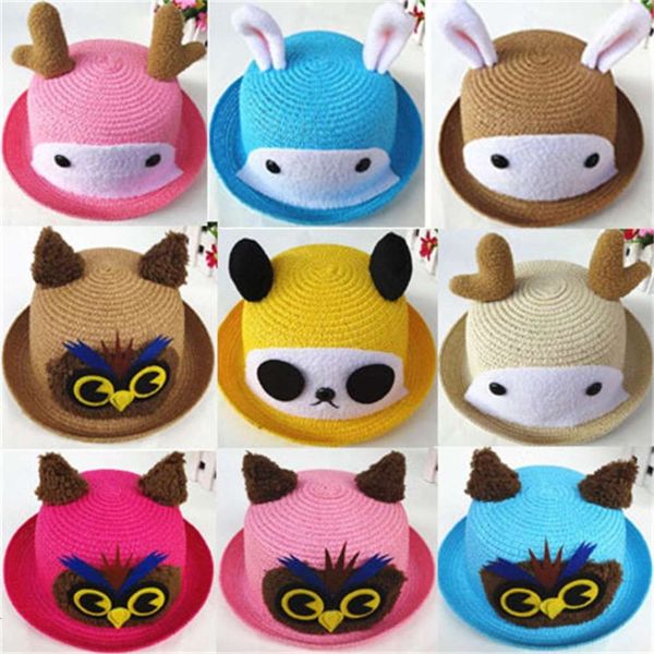 

korean children's animal deer owl cartoon straw basin baby beach sun hat, Yellow