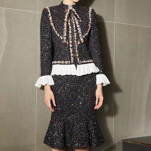 

women's tracksuits autumn style woolen print plaid beaded sequins flared sleeve jacket slim fit fishtail half skirt two-piece high qual, Gray