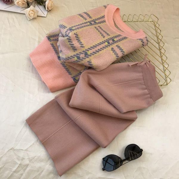 

two piece dress amolapha women knit plaid pullover sweaters+pants sets woman fashion jumper trousers costumes outfits, White
