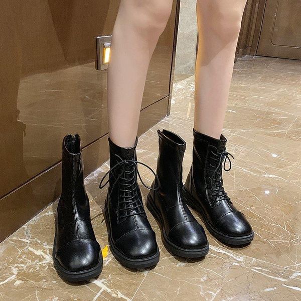 

boots round toe platform motorcycle women solid chunky heel designer shoes, Black