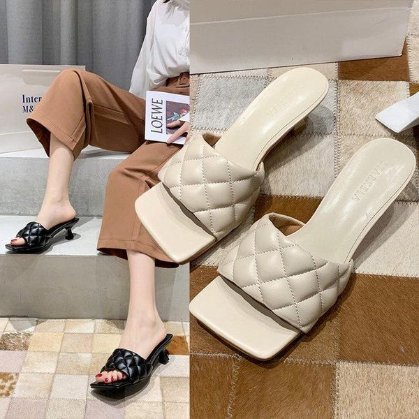 

slippers 2021 square toe women peep med heel 5cm slides summer shoe embroidery mule massage outsole slipper size 35-39, Black