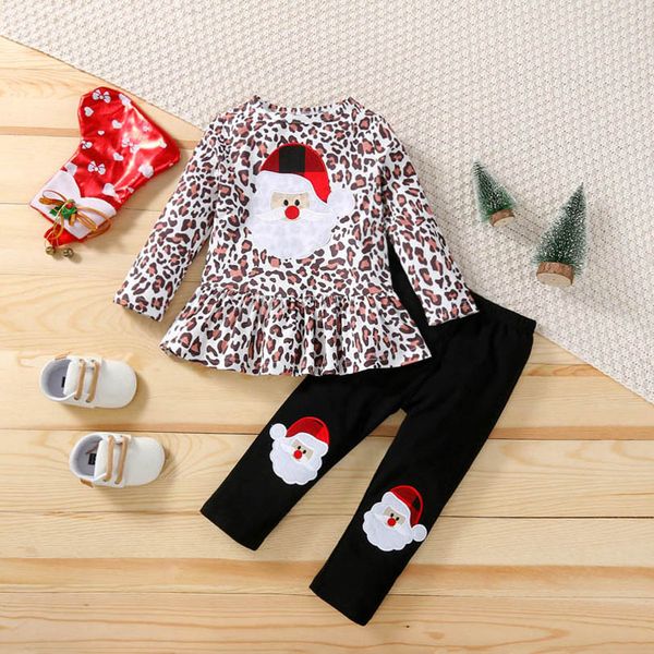 

christmas kids clothing sets girls outfits baby clothes long sleeve embroidered leopard print dress shirts leggings tights infant suit 2pcs, White