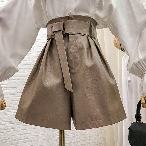 

women's shorts bud pu leather autumn winter 2021 all-match thin high waist drape wide-leg with belt kk1195, White;black
