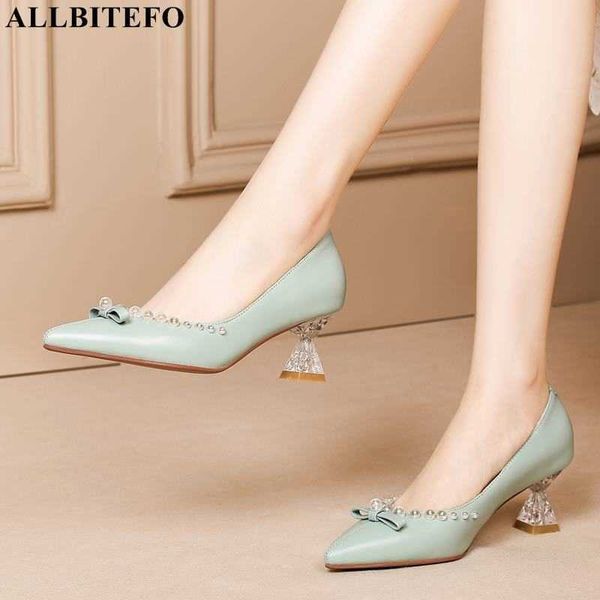 

allbitefo size 33-42 bow bead design soft genuine leather fashion high heel shoes women heels party wedding shoes high heels 210611, Black