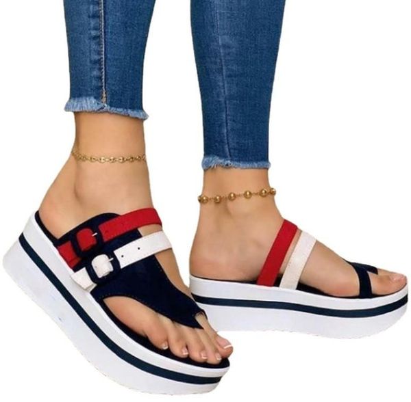 

sandals puimentiua women's summer beach casual shoes flats platform chunky heels ladies buckle flip flops, Black