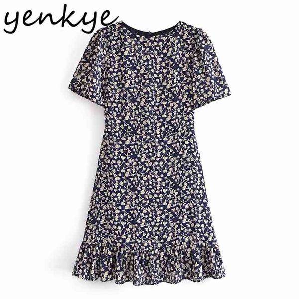 

vintage floral print summer chiffon dress women o neck short sleeve vestido mujer slim a-line mini holiday casual 210514, Black;gray