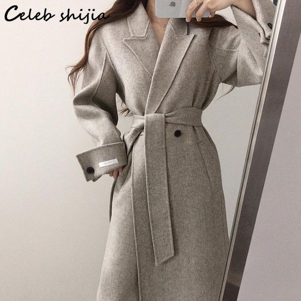 

women's wool & blends winter woolen coat women elegant lace-up gray chic & long jacket female autumn korean fashion vintage clothin, Black