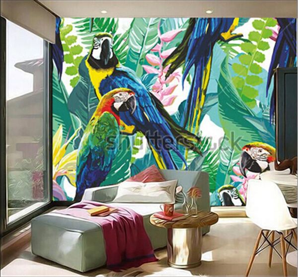

wallpapers latest custom 3d large mural,colorful parrots and exotic flowers,living room tv background bedroom wall wallpaper