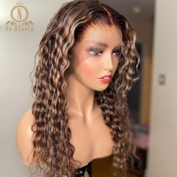 

highlight lace human hair wigs honey blonde colors water wave ombre brown preplucked 13x4 frontal wig for black women 180%, Black;brown
