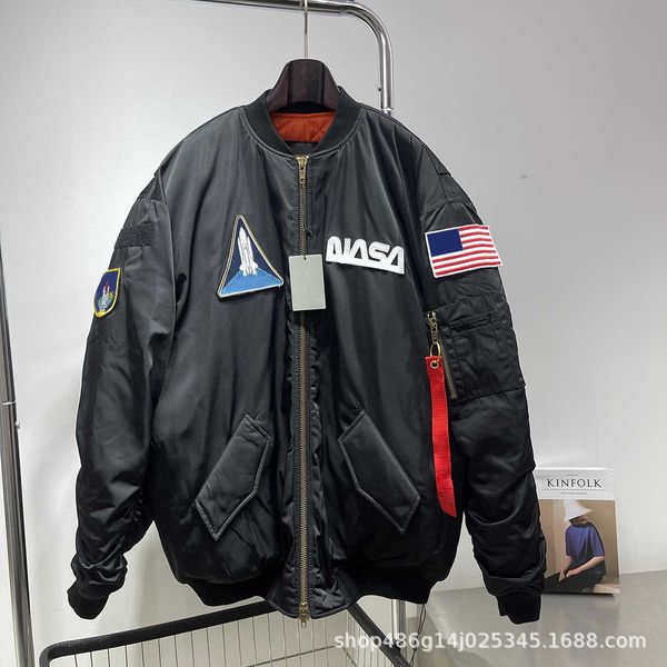 

men's down autumn winter b paris nasa co bred embroidery badge cloth patch cotton men's and women's baseball flight jacket, Black