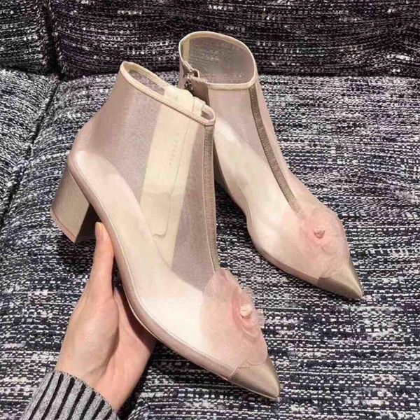 

boots ins womne pointy toe summer shoes woman pumps flowers decor chunky heels botas mujer 2021 lady ankle botines, Black