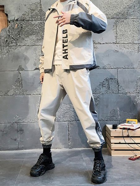 

men slogan graphic contrast panel hooded jacket & pants r9xf#, Gray