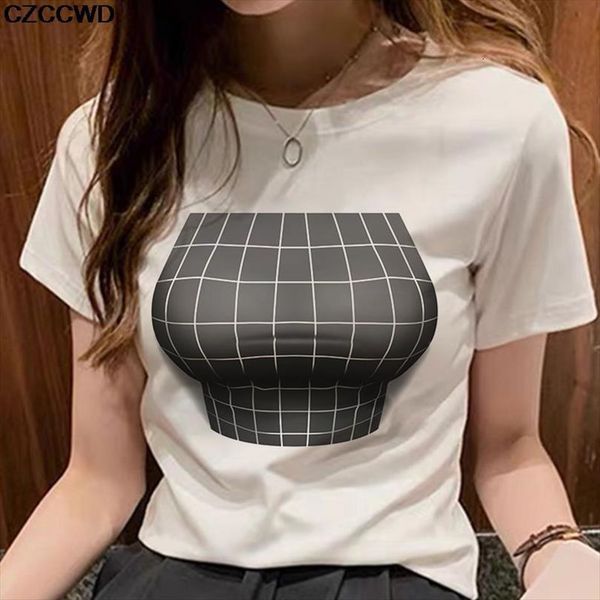 

men fashion 3d spoof big chest print casual summer short sleeved harajuku personality streetwear tees, White;black