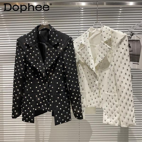 

women's suits & blazers full body rhinestone shiny business suit coat women collar single breasted loose black blazer jacket autumn win, White;black